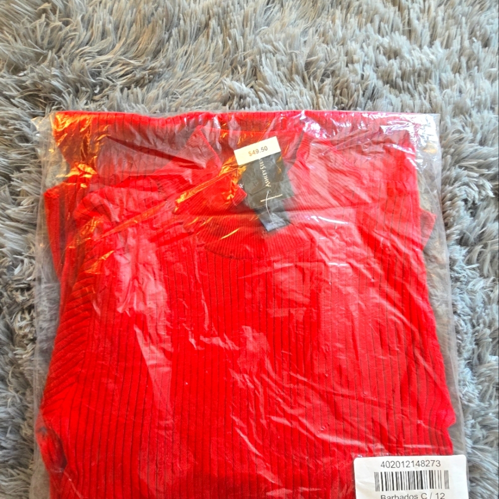 A mock neck bodycon, ribbed dress in Barbados Red, from Ashley Stewart